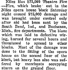 Niles Opera House - 24 February 1927 Article On Fire